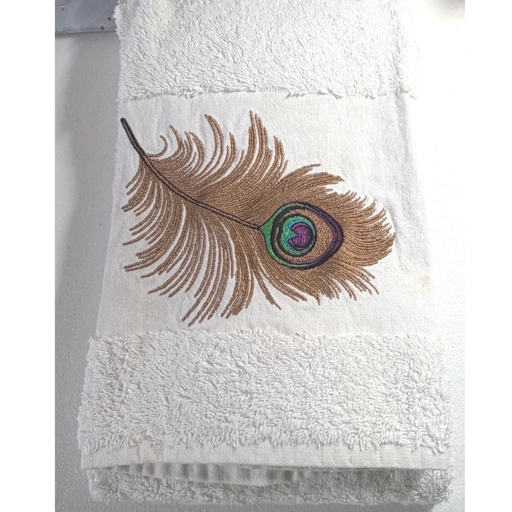 Embroidered Peacock Feather Hand Towel White Terry 17.5